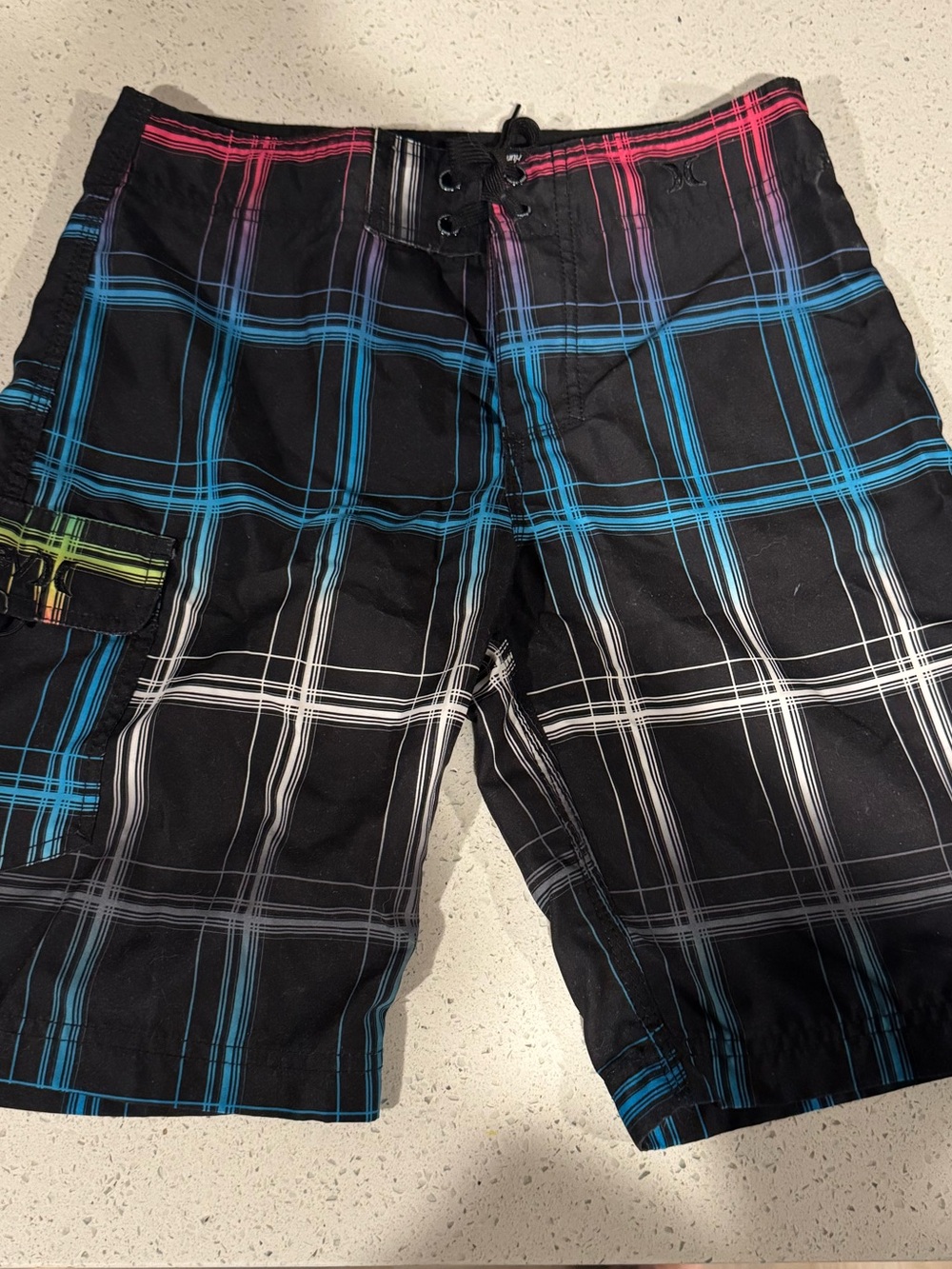 Hurley Black Plaid Swim Board Shorts with Blue, White and Pink Accents